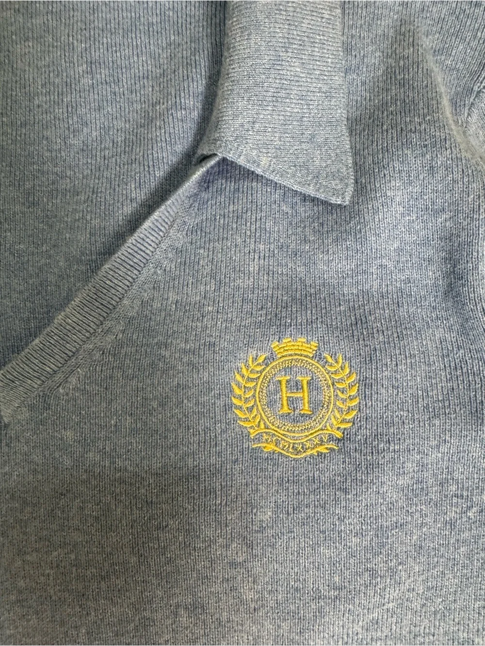 Tommy Hilfiger Light Blue V-Neck Sweater with Yellow Crest